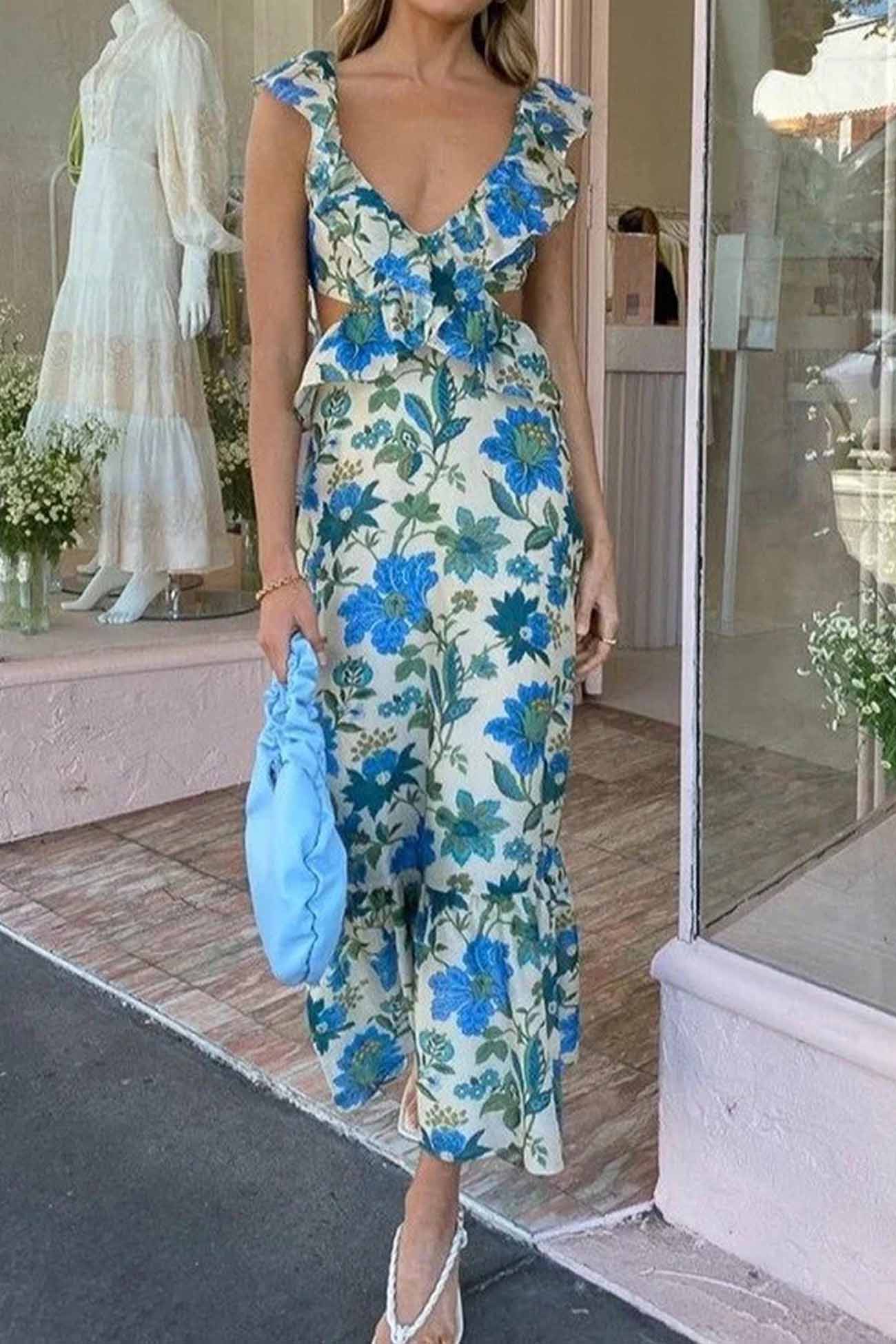 Robe d’Été Femme Eris – Robe à Volants avec Lacets, Détails Découpés & Imprimé Fleuri