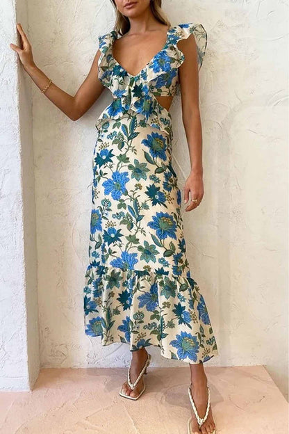 Robe Longue Femme Amara – Robe d’Été Sans Manches avec Bretelles à Volants & Élégant Col en V