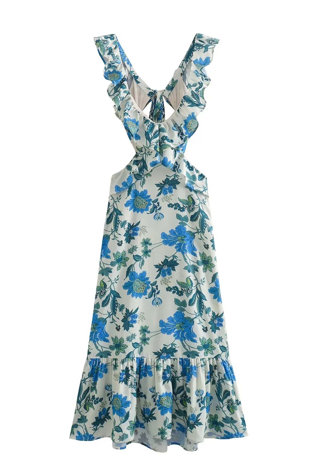 Robe Longue Femme Amara – Robe d’Été Sans Manches avec Bretelles à Volants & Élégant Col en V