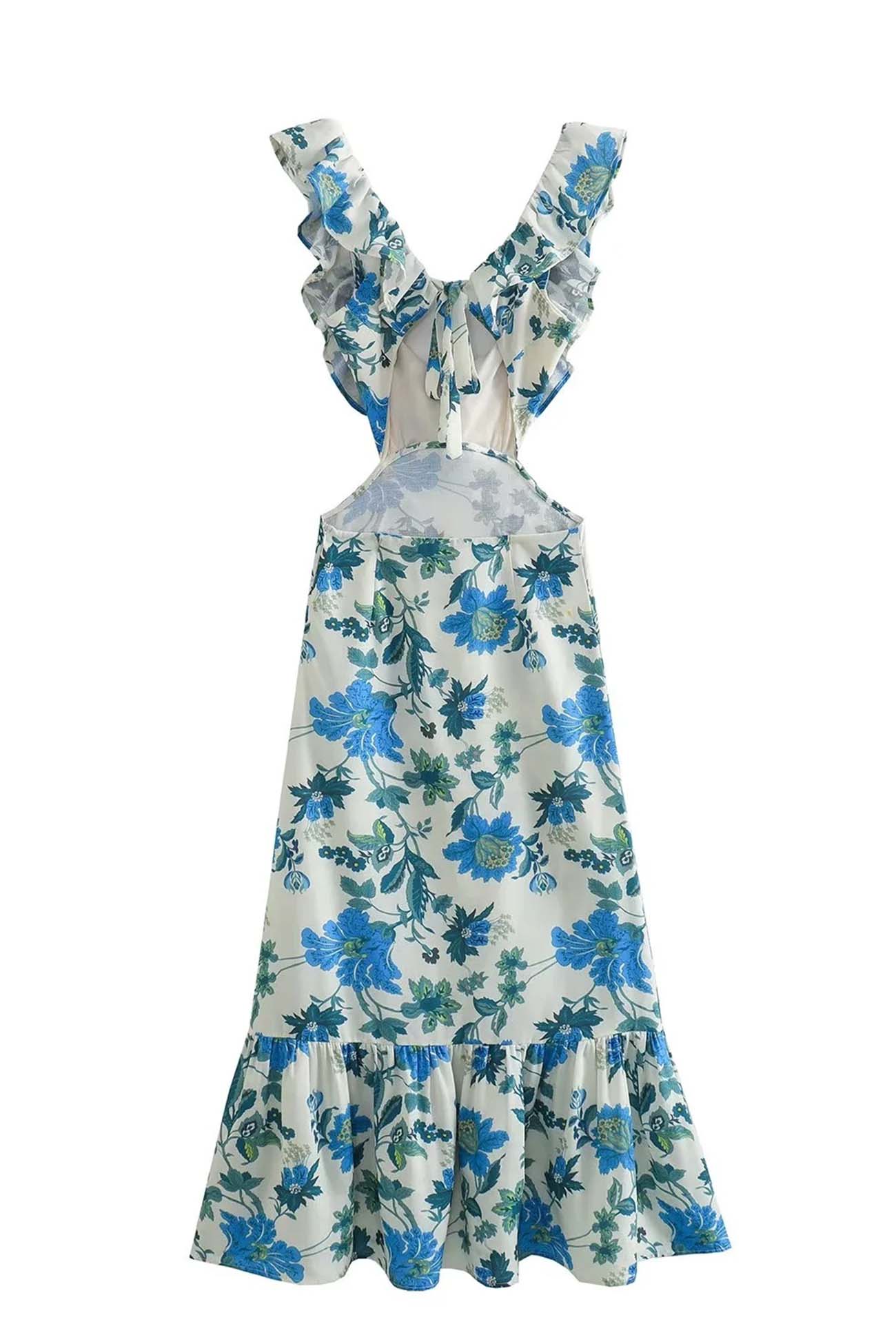 Robe Longue Femme Amara – Robe d’Été Sans Manches avec Bretelles à Volants & Élégant Col en V
