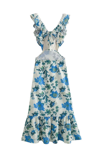 Robe Longue Femme Amara – Robe d’Été Sans Manches avec Bretelles à Volants & Élégant Col en V