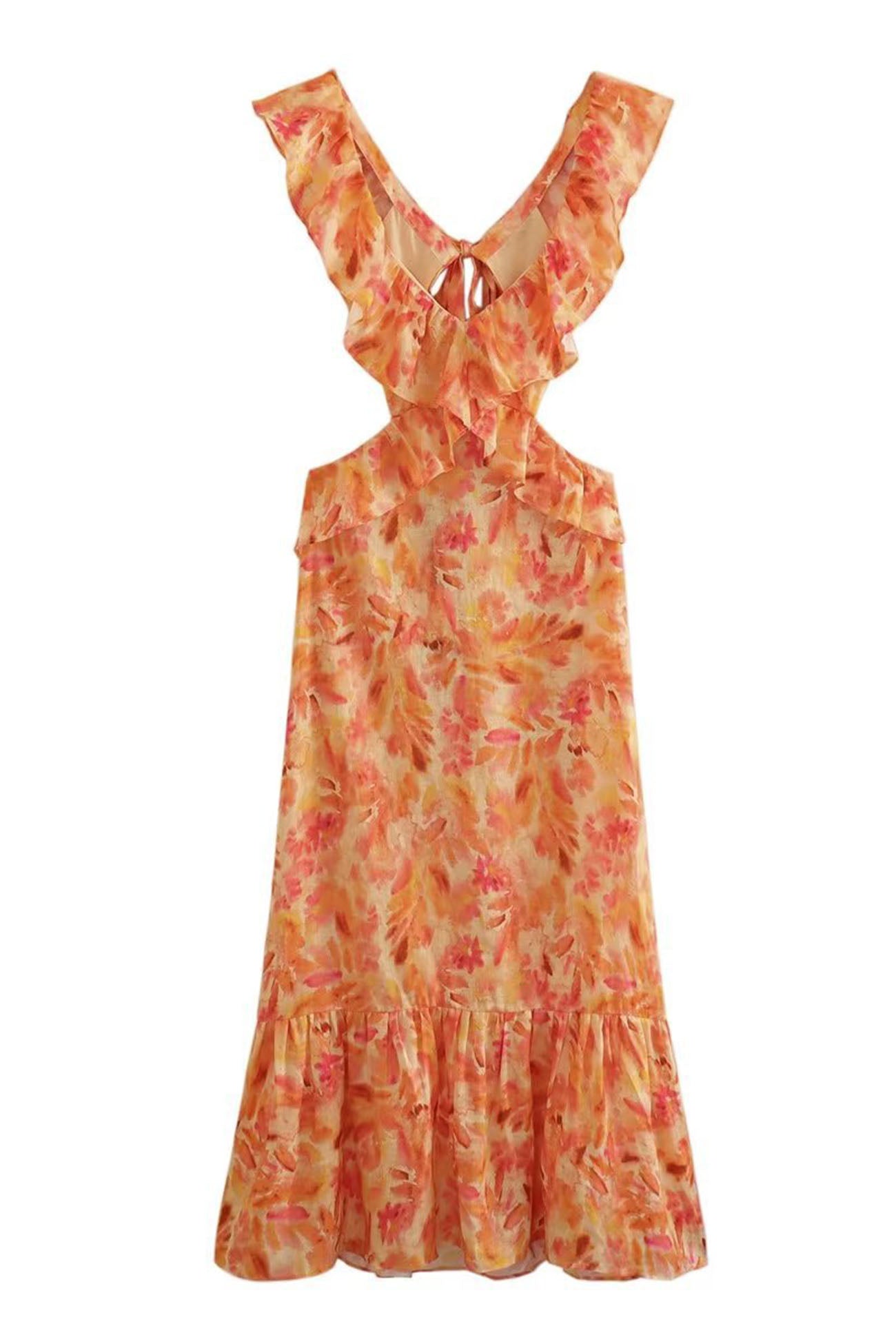 Robe Longue Femme Amara – Robe d’Été Sans Manches avec Bretelles à Volants & Élégant Col en V