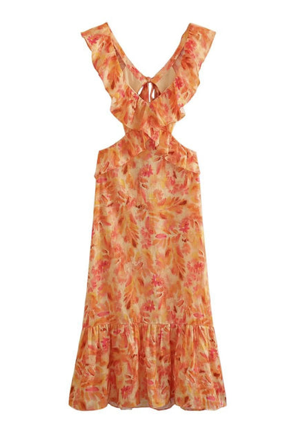 Robe Longue Femme Amara – Robe d’Été Sans Manches avec Bretelles à Volants & Élégant Col en V