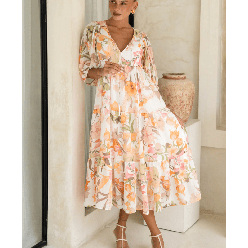 Runa Robe Mi-Longue Looksy – Imprimé Floral & Manches Bouffantes Légères Été