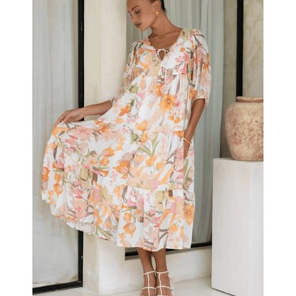 Runa Robe Mi-Longue Looksy – Imprimé Floral & Manches Bouffantes Légères Été