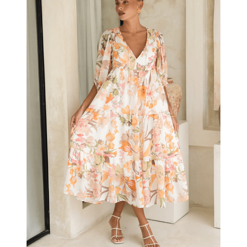 Runa Robe Mi-Longue Looksy – Imprimé Floral & Manches Bouffantes Légères Été