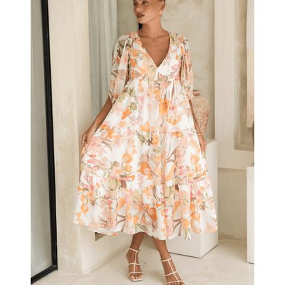 Runa Robe Mi-Longue Looksy – Imprimé Floral & Manches Bouffantes Légères Été
