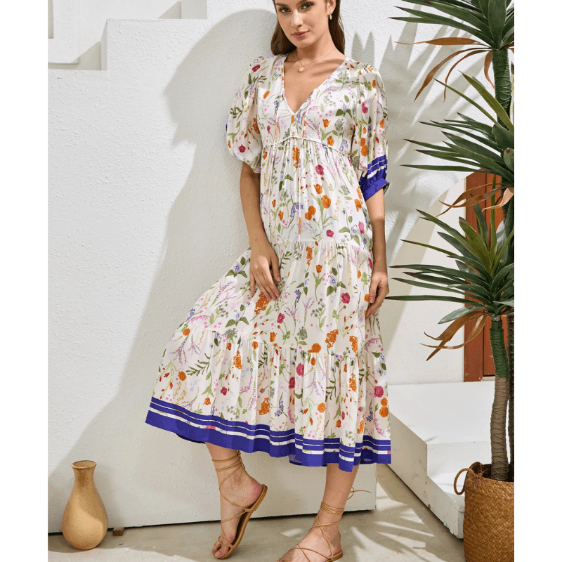 Runa Robe Mi-Longue Looksy – Imprimé Floral & Manches Bouffantes Légères Été