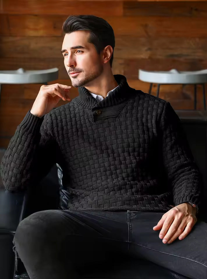 Aaron Men's High Neck Sweater – Thick Knit, Warm & Elegant with Wooden Buttons