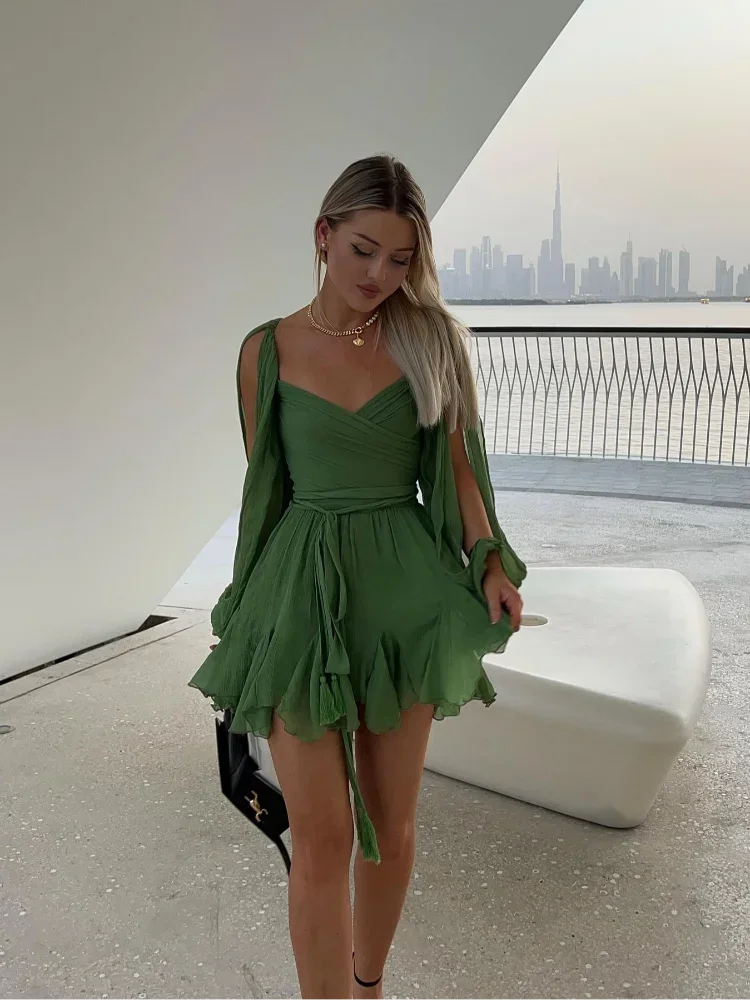 Jasmine Robe Mini Femme – Robe Plissée Verte Sexy à Manches Longues & Décolleté en V