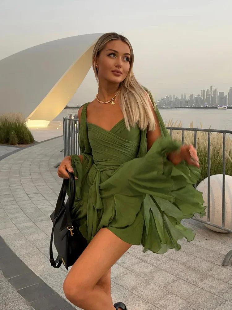 Jasmine Robe Mini Femme – Robe Plissée Verte Sexy à Manches Longues & Décolleté en V