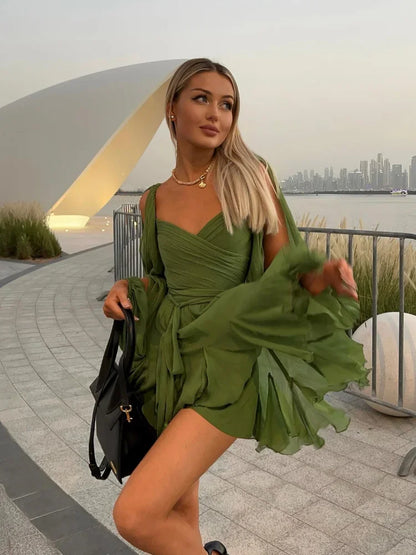Jasmine Robe Mini Femme – Robe Plissée Verte Sexy à Manches Longues & Décolleté en V
