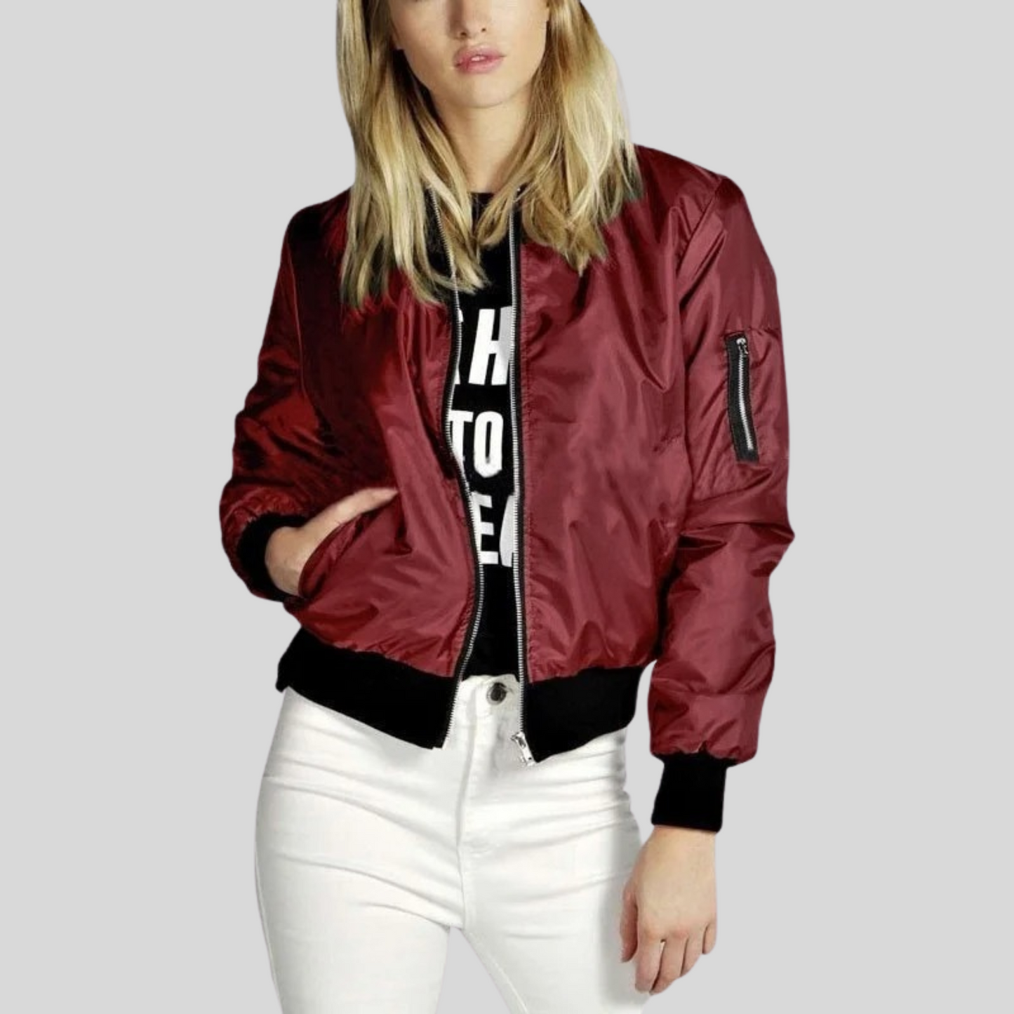 Khloe Women's Bomber Jacket – Lightweight Long Sleeve with Zipper & Side Pockets