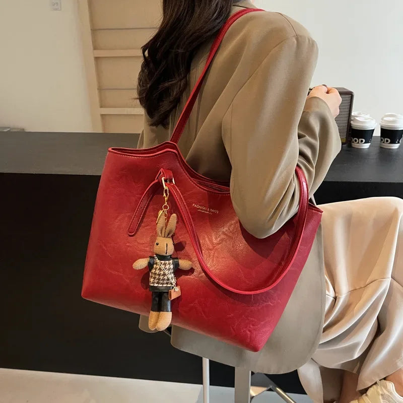 Emma Rustic Edge Tote – Spacious Vintage Vegan Leather Tote with Fancy Pendant