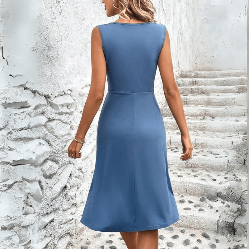 Saphira Robe Midi Femme – Robe d’Été Cintrée avec Col V et Confort Sans Manches