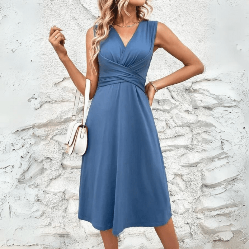Saphira Robe Midi Femme – Robe d’Été Cintrée avec Col V et Confort Sans Manches