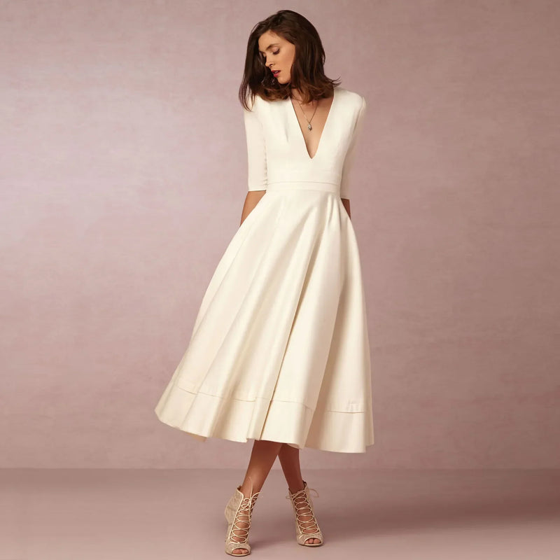 Ivory Midi Dress for Women – Fitted Cotton Dress with Elegant Cut