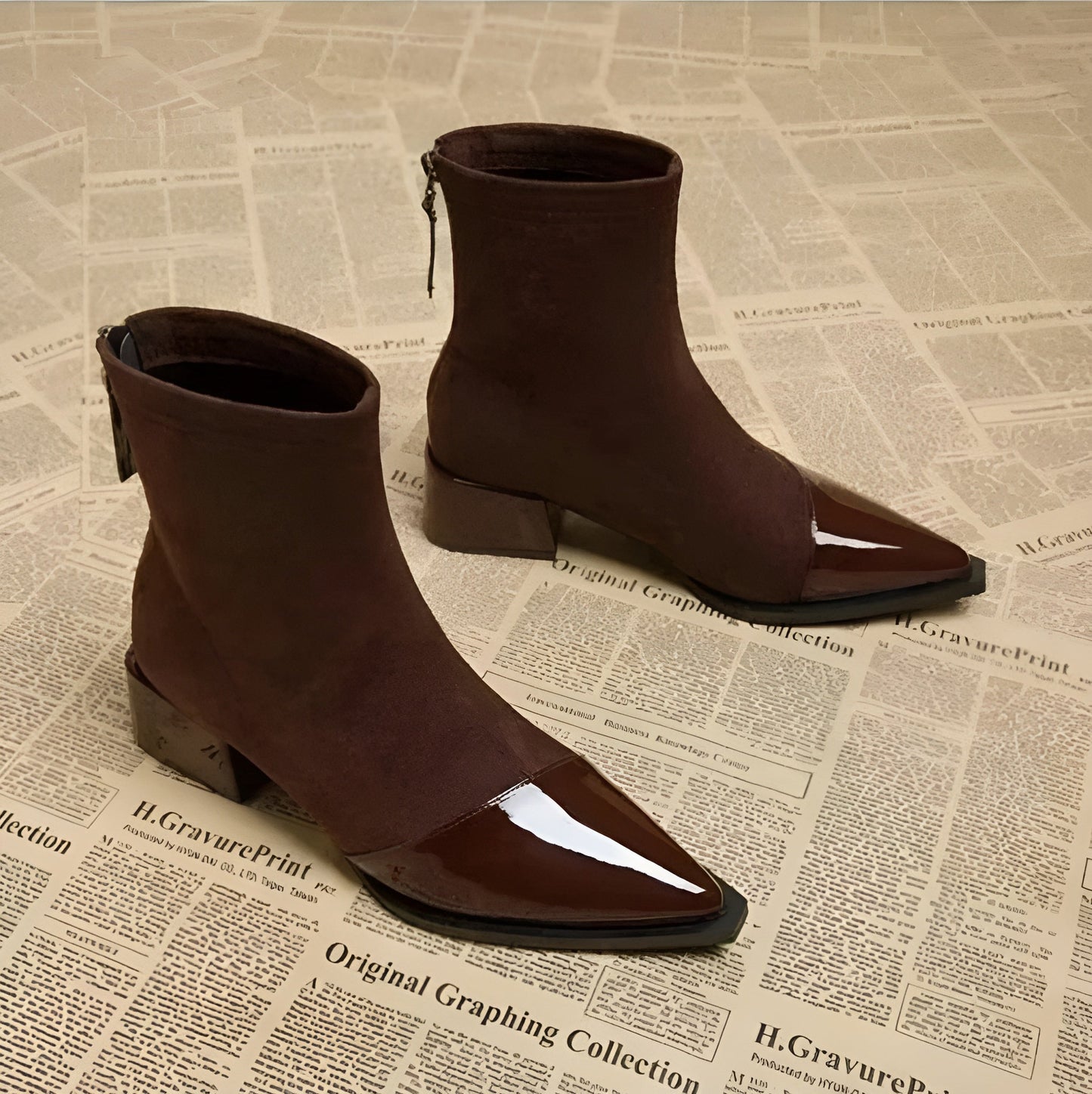 Gracia Bottines Femme – Boots Élégantes en Daim avec Détails Vernis & Talon Bloc Confortable