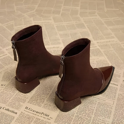 Gracia Bottines Femme – Boots Élégantes en Daim avec Détails Vernis & Talon Bloc Confortable