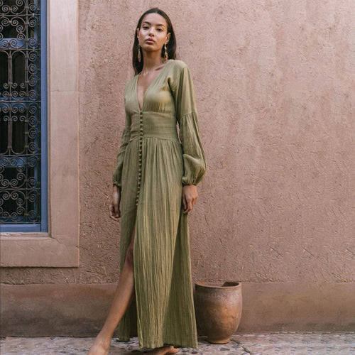 Sadie Robe Maxi Femme – Robe d'Été Kaki en 100% Coton avec Boutons & Détails Plissés Élégants
