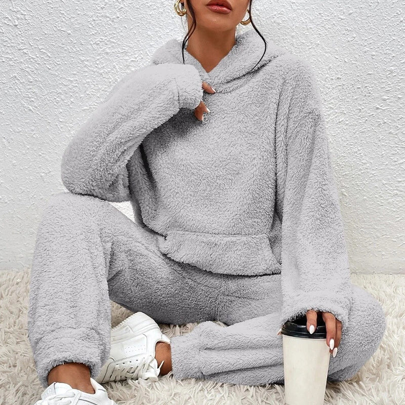 Soft winter loungewear featuring loose-fitting pants and a comfortable hood - gray