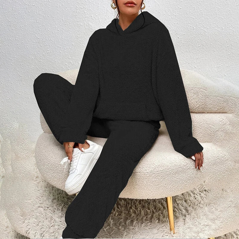 Warm fleece women's pajama outfit designed for cold-weather relaxation