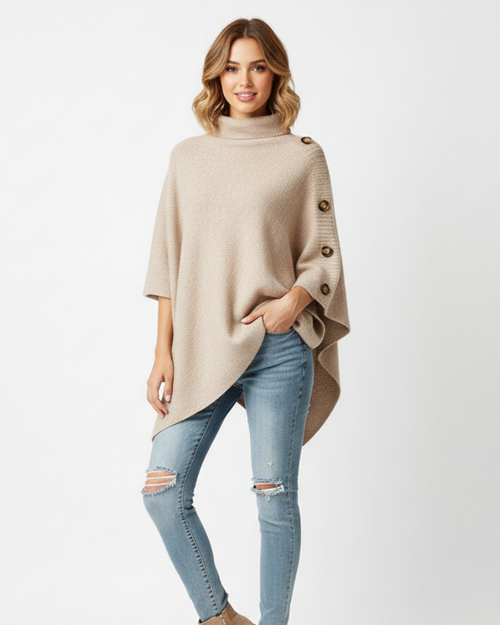 Elayne Women's Laine Poncho – Elegant Oversized Poncho with High Collar & Asymmetric Finish