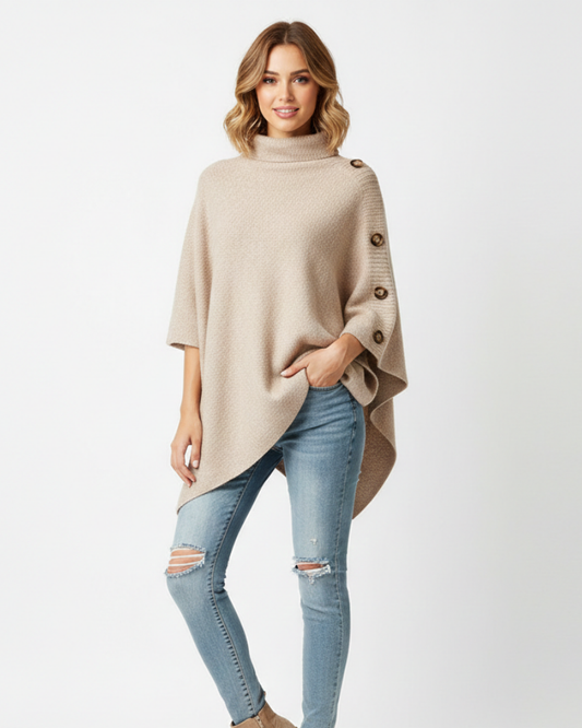 Elayne Women's Laine Poncho – Elegant Oversized Poncho with High Collar & Asymmetric Finish