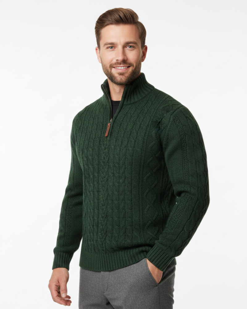 Vhong Men's Half-Zip Sweater – Warm Cable Knit, High Collar & Timeless Style