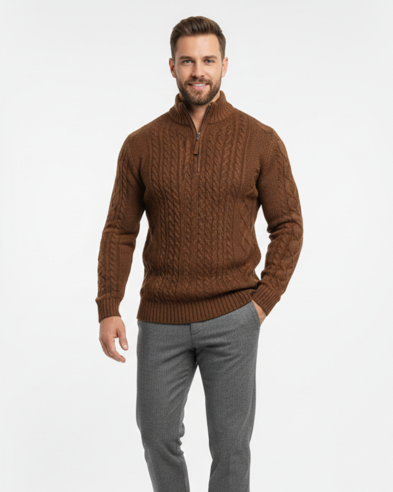 Vhong Men's Half-Zip Sweater – Warm Cable Knit, High Collar & Timeless Style