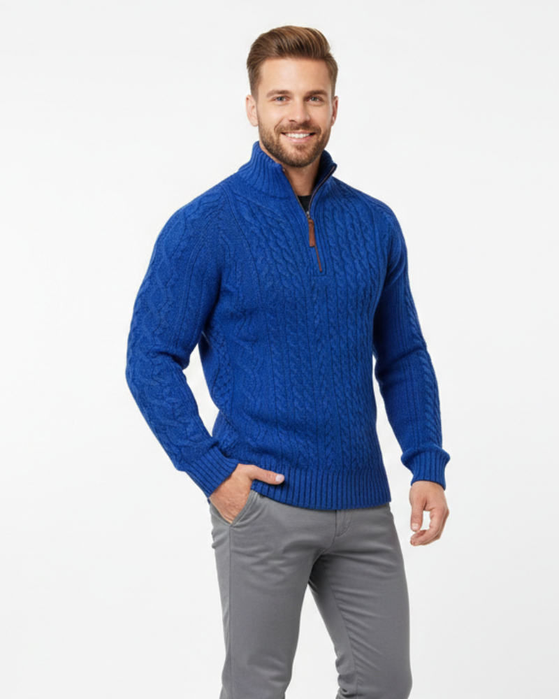 Vhong Men's Half-Zip Sweater – Warm Cable Knit, High Collar & Timeless Style