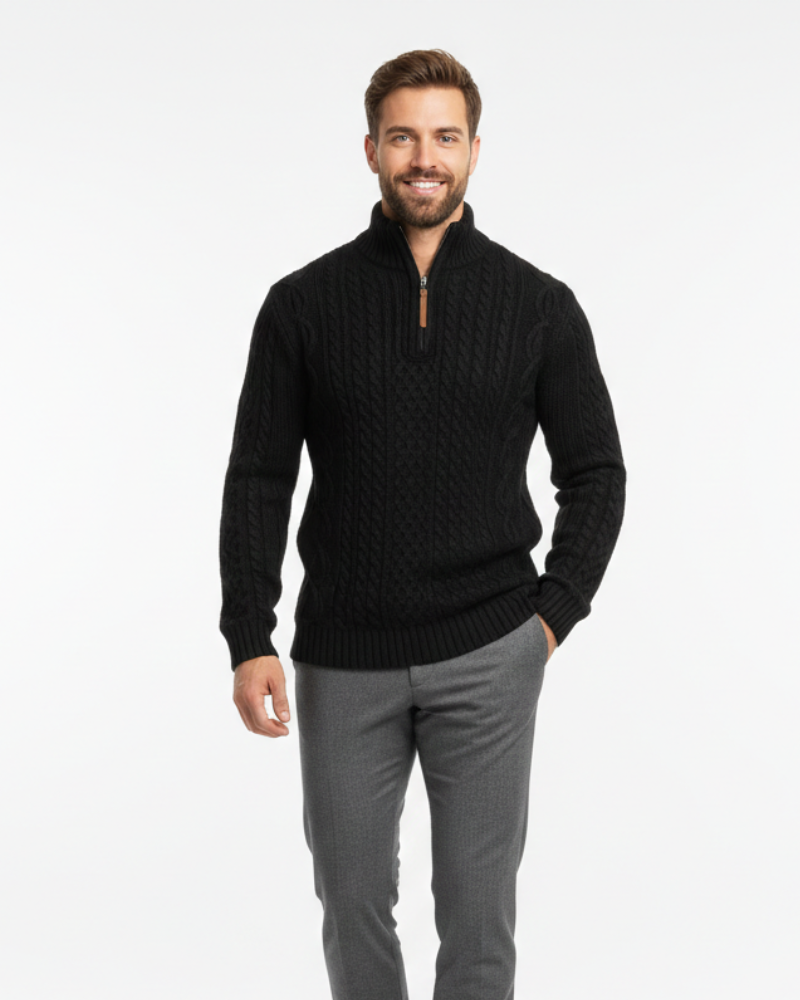 Vhong Men's Half-Zip Sweater – Warm Cable Knit, High Collar & Timeless Style
