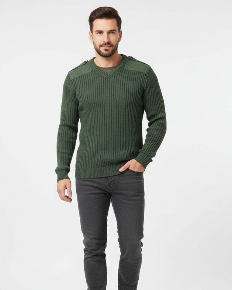 Cormac Military Pull Over for Men - V-Neck, Ribbed Knit, Reinforced Shoulders & Outdoor Style