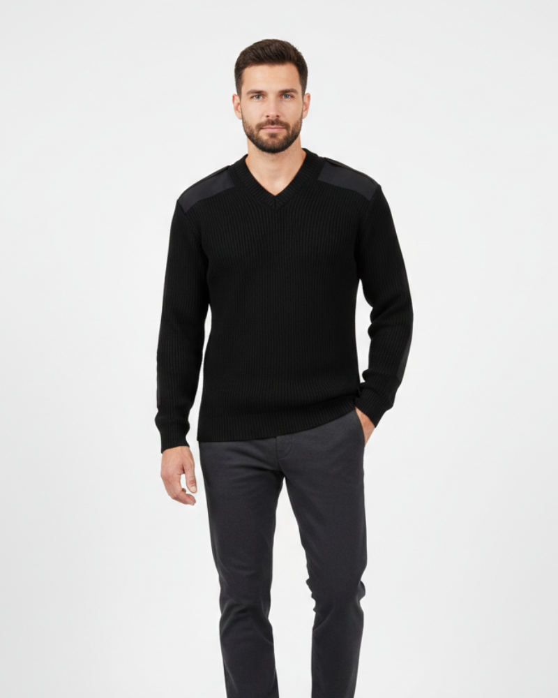 Cormac Military Pull Over for Men - V-Neck, Ribbed Knit, Reinforced Shoulders & Outdoor Style