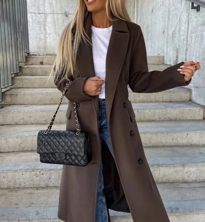 Warm lined long coat offering elegant coverage for winter days