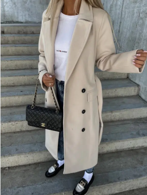 Women's belted winter coat with a sophisticated trench-inspired silhouette