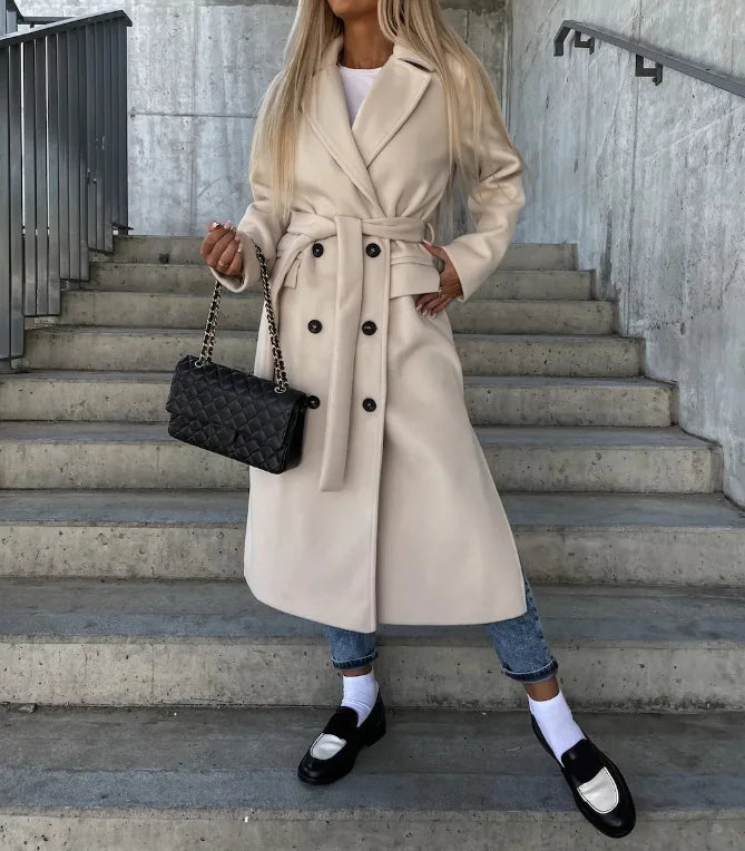 Warm lined long coat offering elegant coverage for winter days