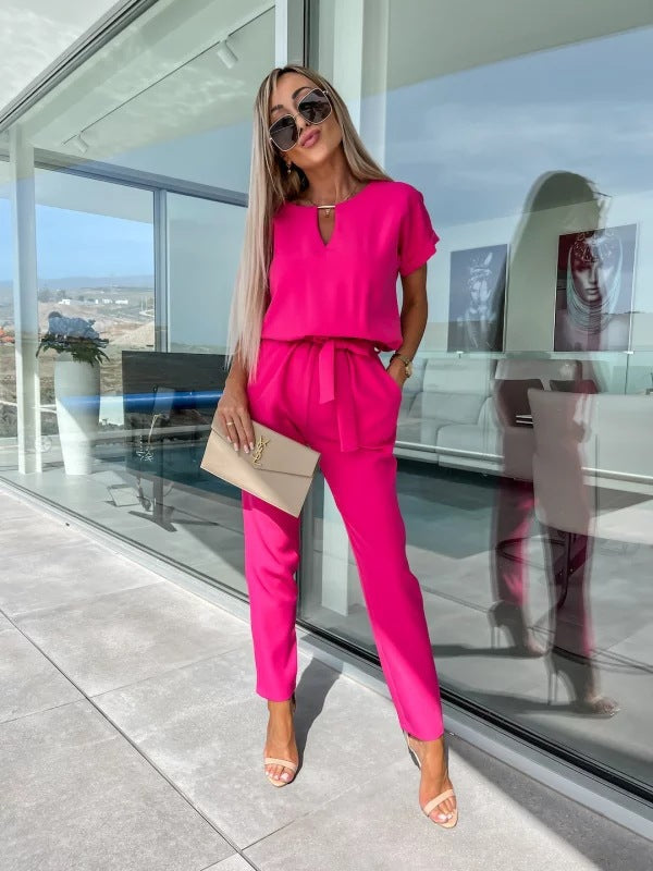 Chic short-sleeve one-piece outfit designed for casual summer occasions