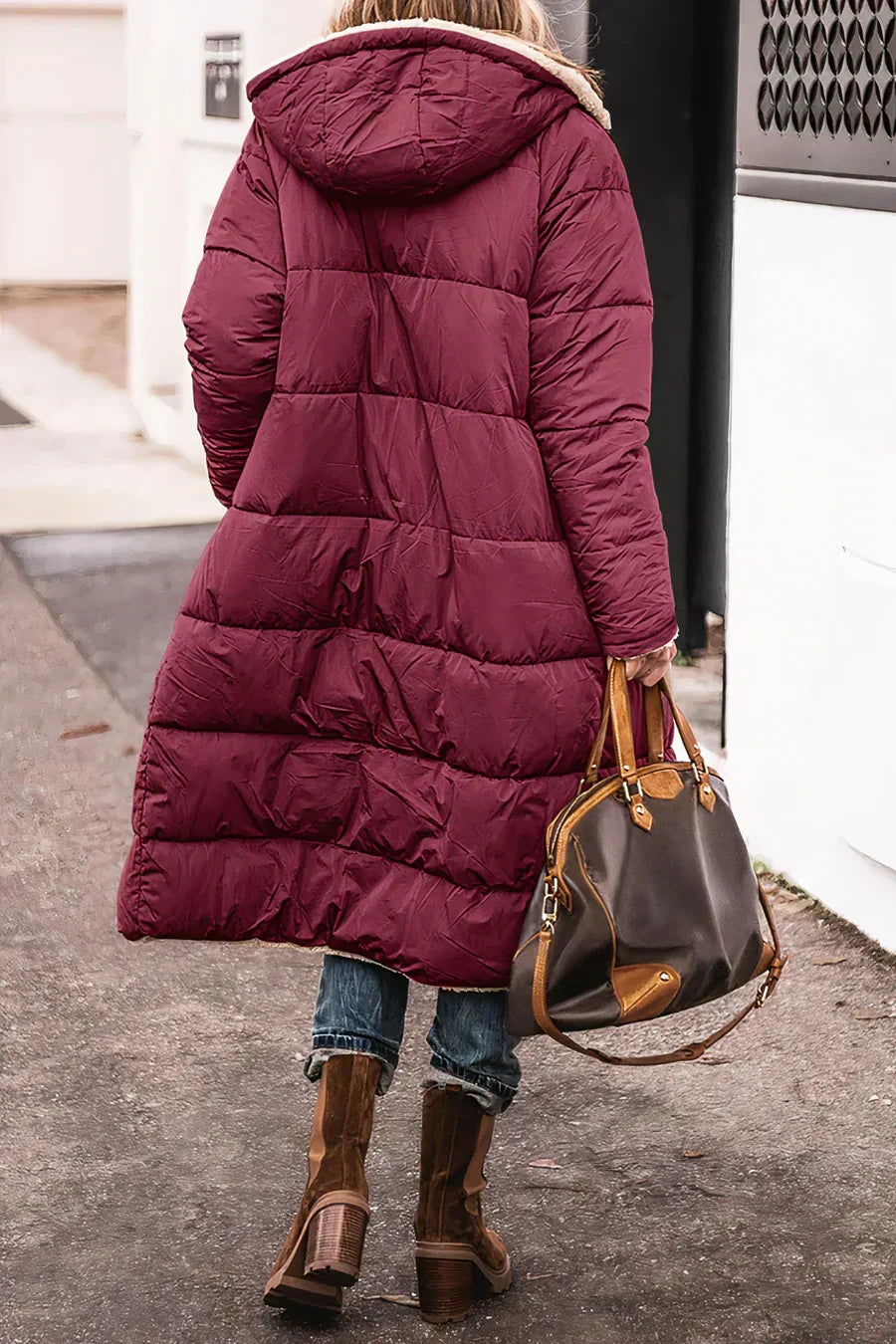 Elegant reversible women's coat suitable for everyday cold-weather dressing - burgundy back view