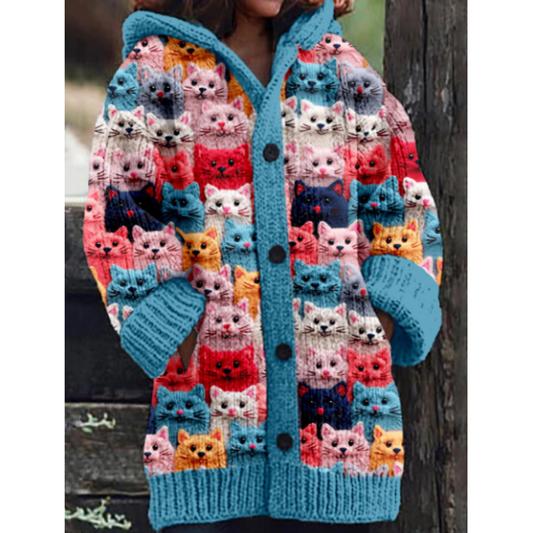 Cardigan Lenora Multicolore à Motifs de Chats – Douillet & Original, Mélange Acrylique et Polyester