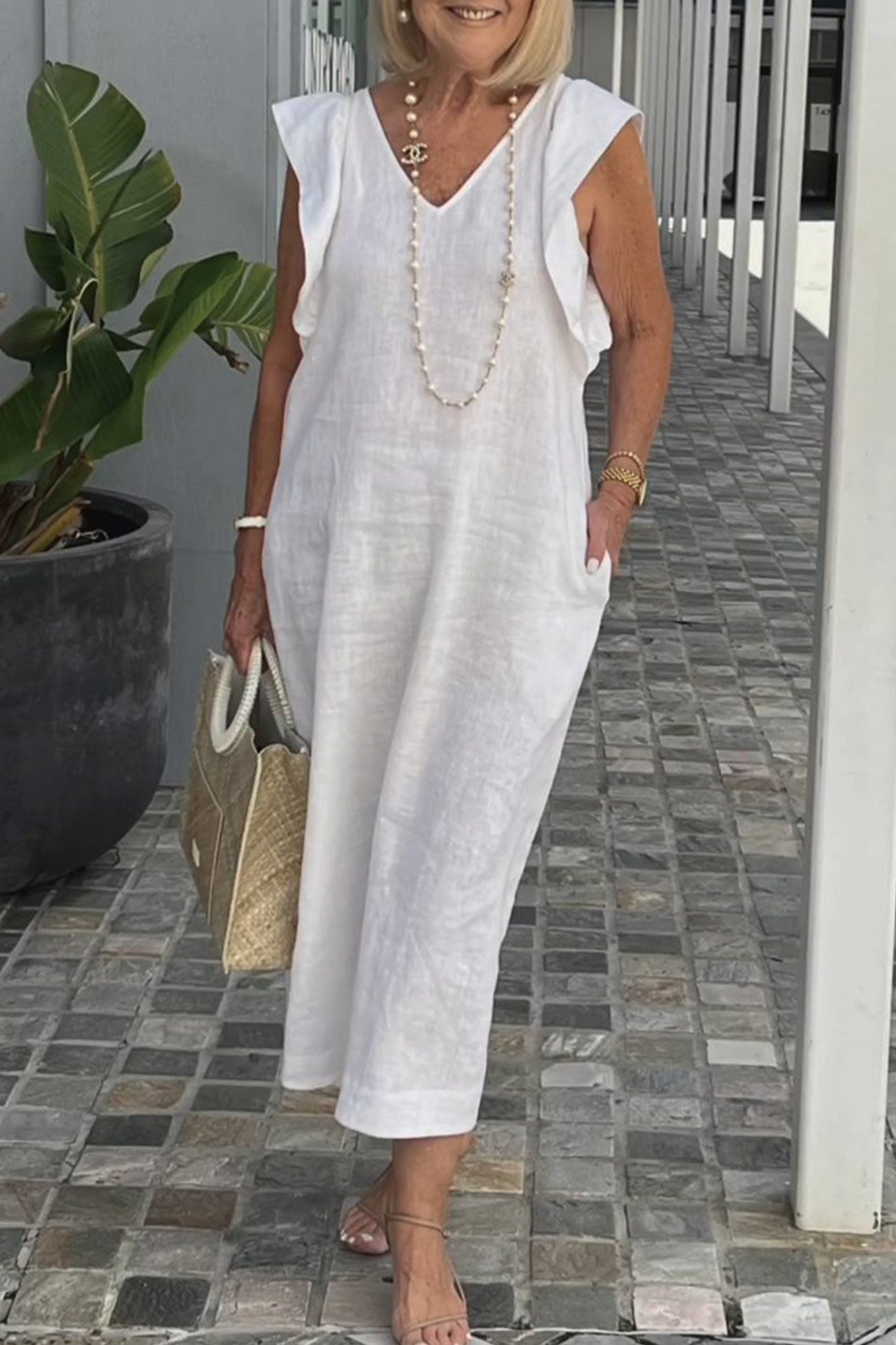 Robe en Lin Femme Elise – Robe Midi Sans Manches avec Col en V & Volants
