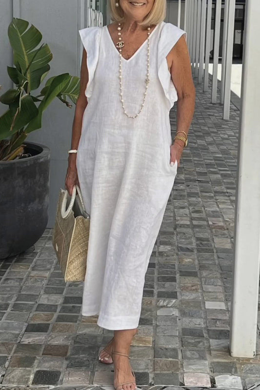 Robe en Lin Femme Elise – Robe Midi Sans Manches avec Col en V & Volants