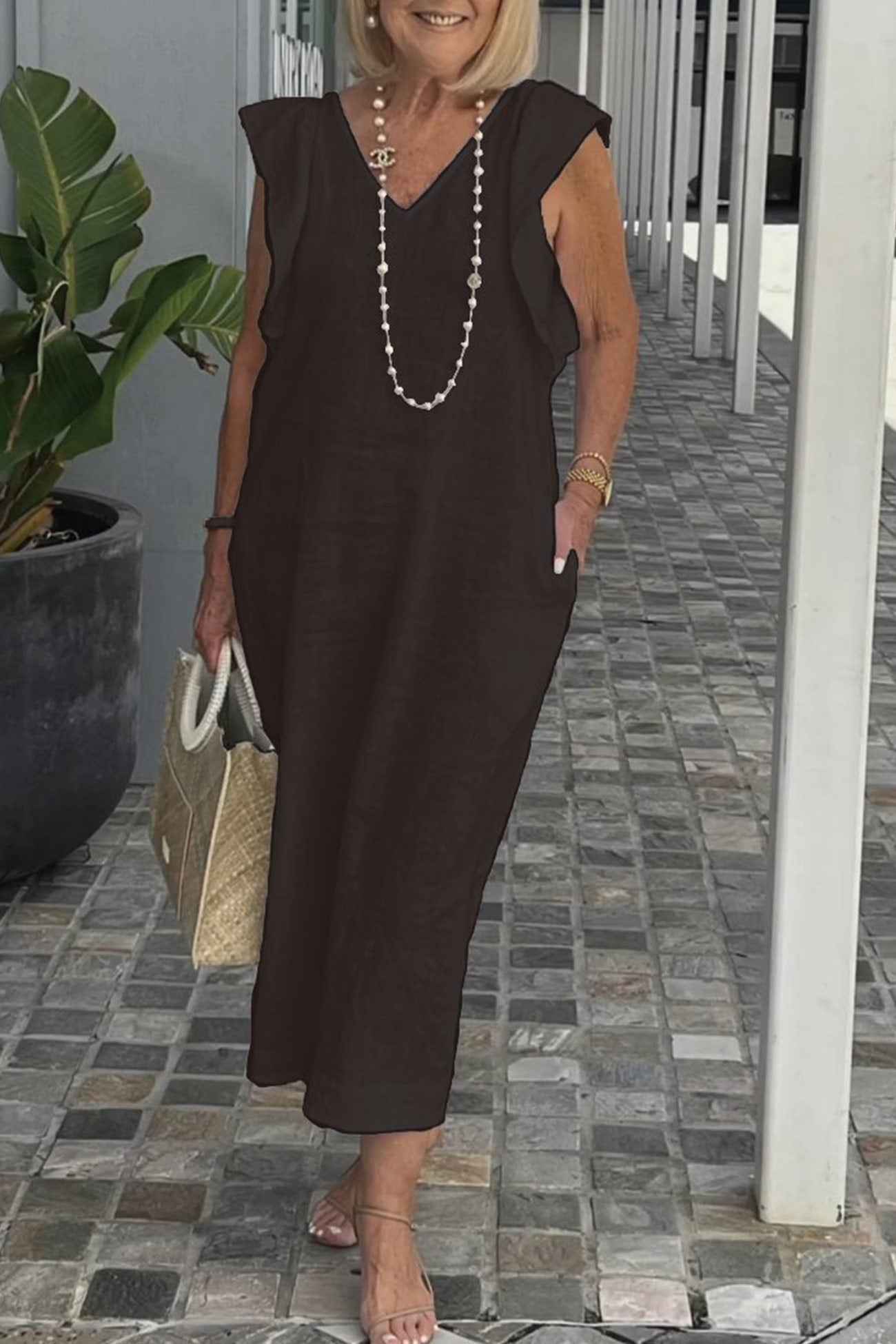 Robe en Lin Femme Elise – Robe Midi Sans Manches avec Col en V & Volants