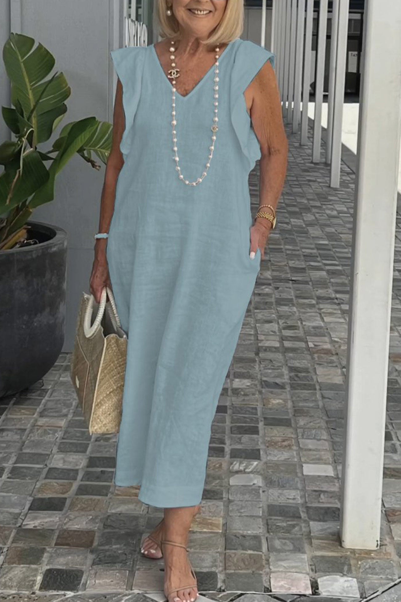 Robe en Lin Femme Elise – Robe Midi Sans Manches avec Col en V & Volants