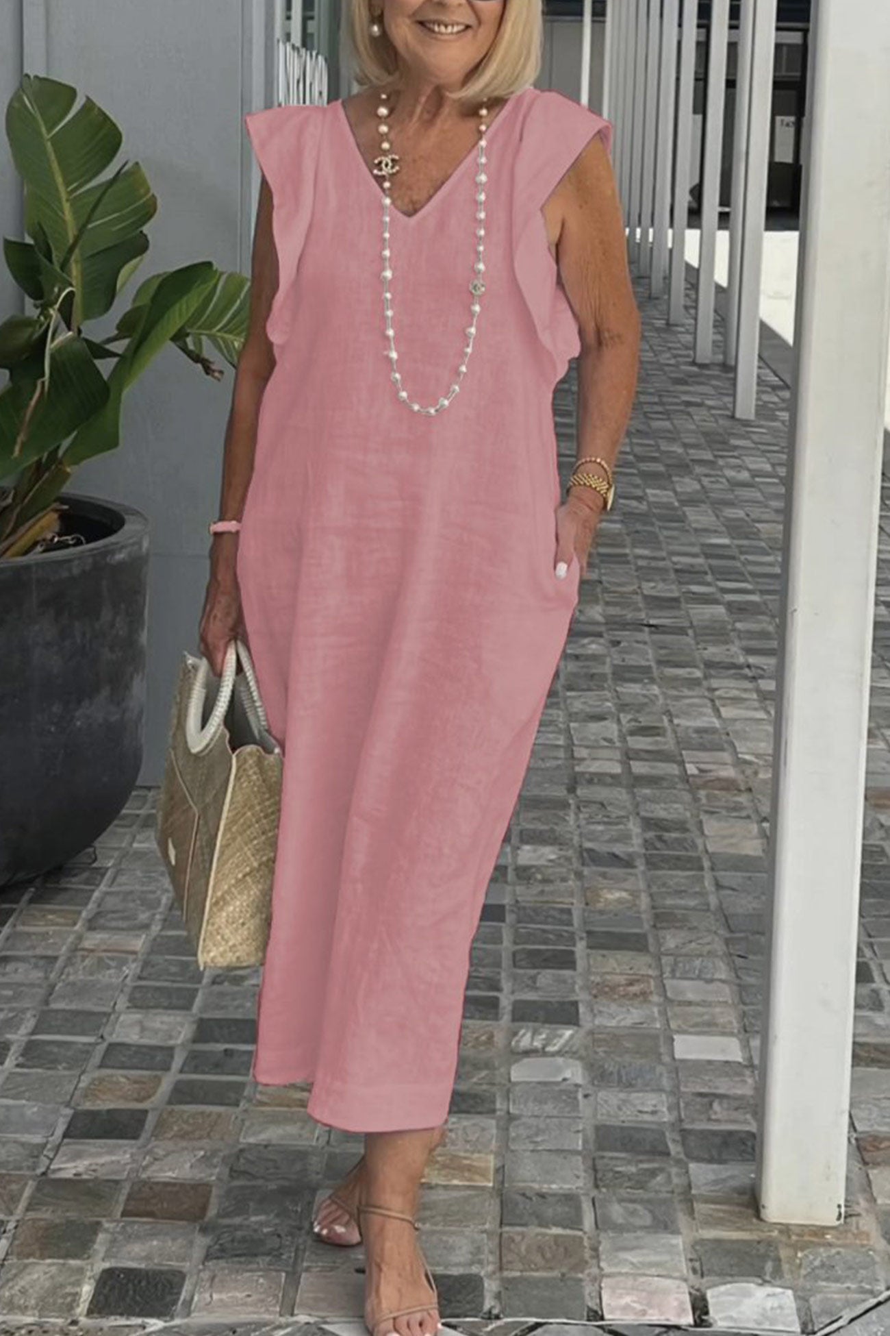 Robe en Lin Femme Elise – Robe Midi Sans Manches avec Col en V & Volants
