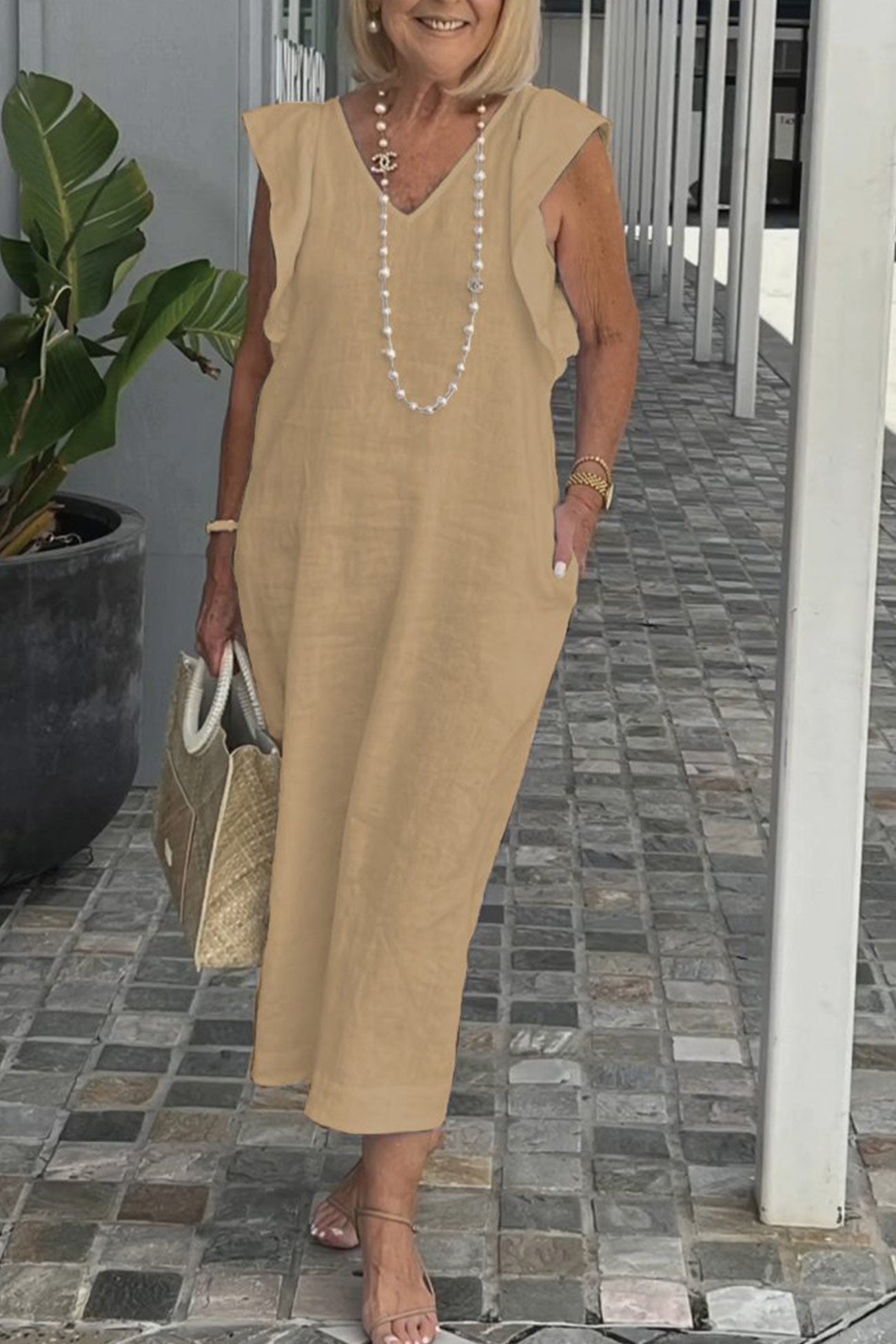 Robe en Lin Femme Elise – Robe Midi Sans Manches avec Col en V & Volants