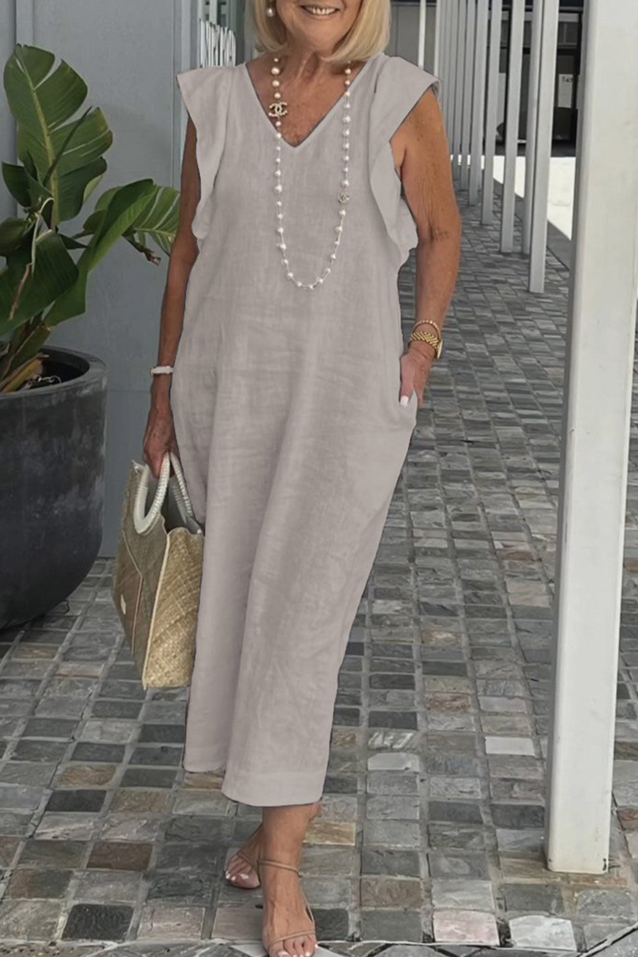 Robe en Lin Femme Elise – Robe Midi Sans Manches avec Col en V & Volants