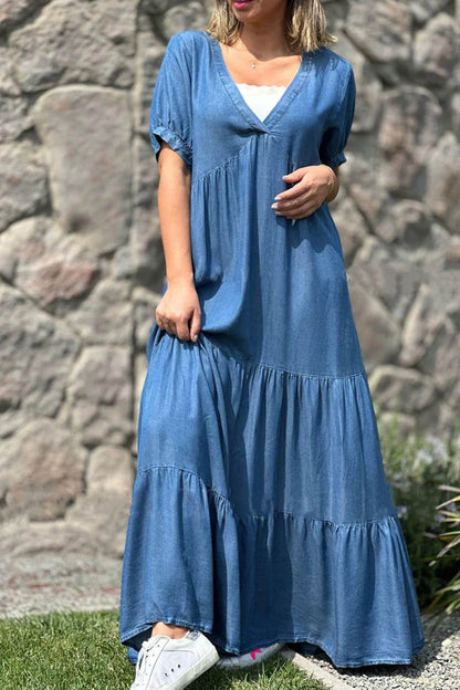 Robe d’Été Femme Via – Robe à Manches Courtes avec Col en V & Effet Superposé en Jean