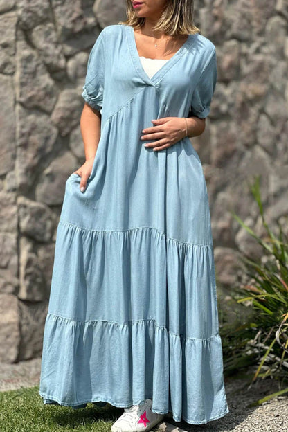 Robe d’Été Femme Via – Robe à Manches Courtes avec Col en V & Effet Superposé en Jean