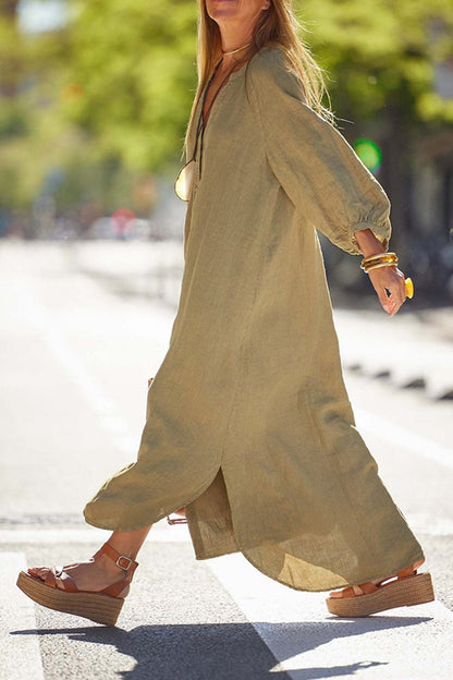 Robe Femme Veanna – Élégante Robe à Manches Longues avec Col en V & Boutonnage